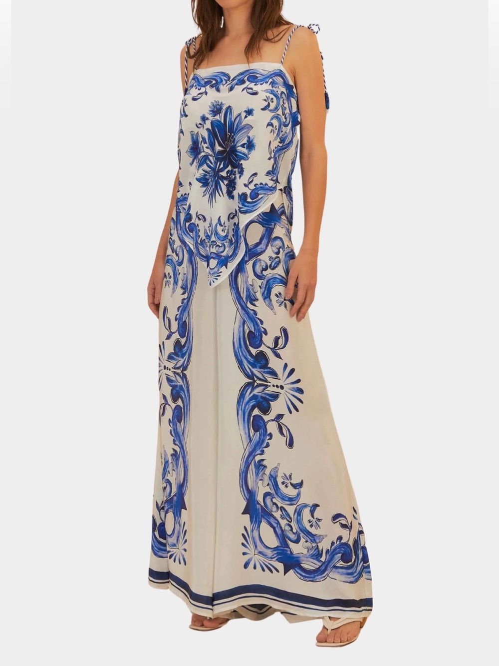 FARM Rio White Wide-Leg Pants with Blue Floral Border - Picture 9 of 13